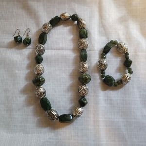 3 piece green and silver necklace set